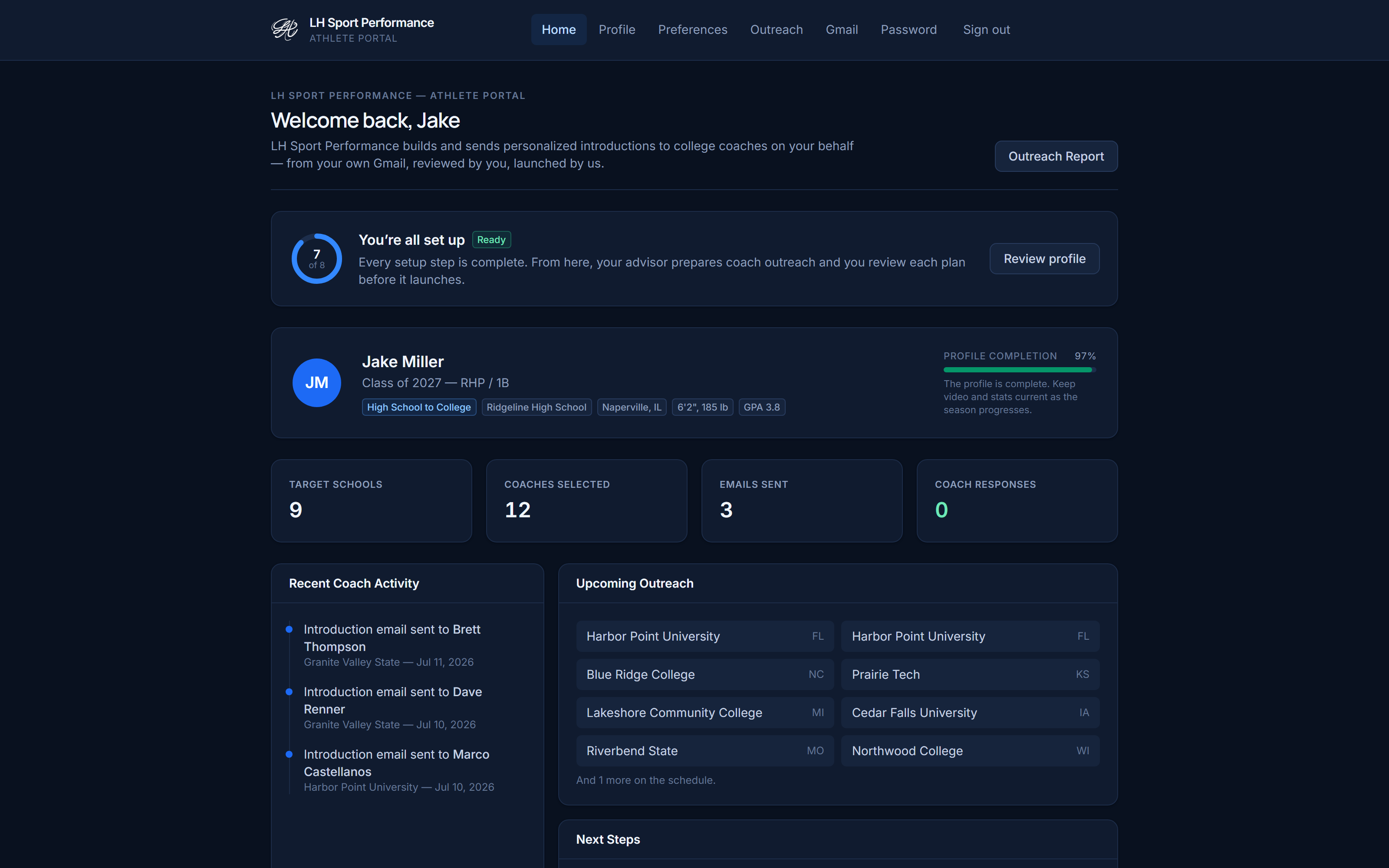 LH Sport Performance athlete dashboard showing onboarding progress, outreach status, and recent coach activity