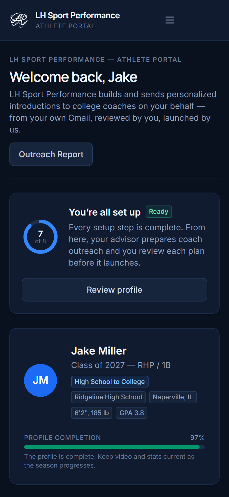 Athlete dashboard on a phone