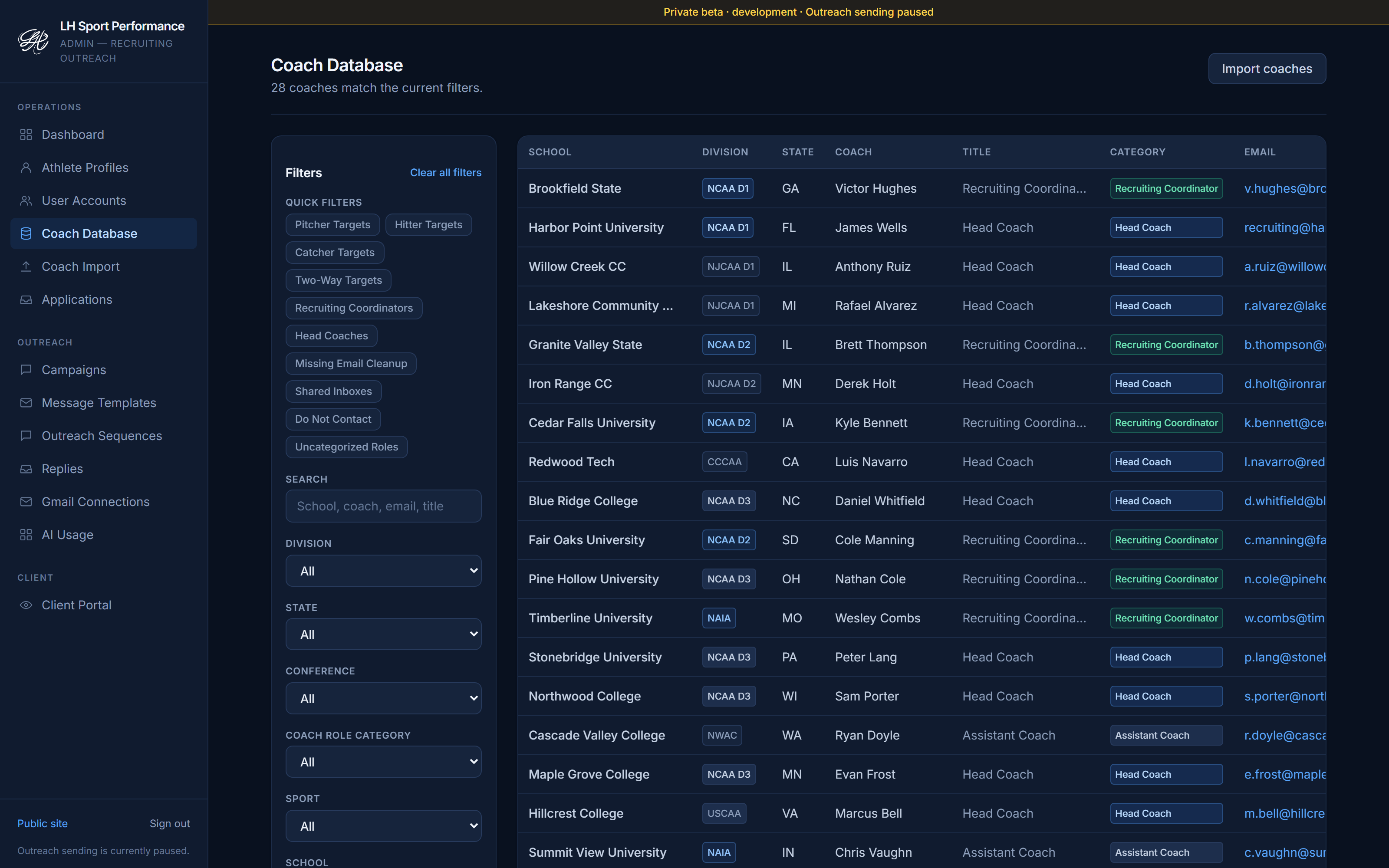 Coach database filtered by division, state, and staff role