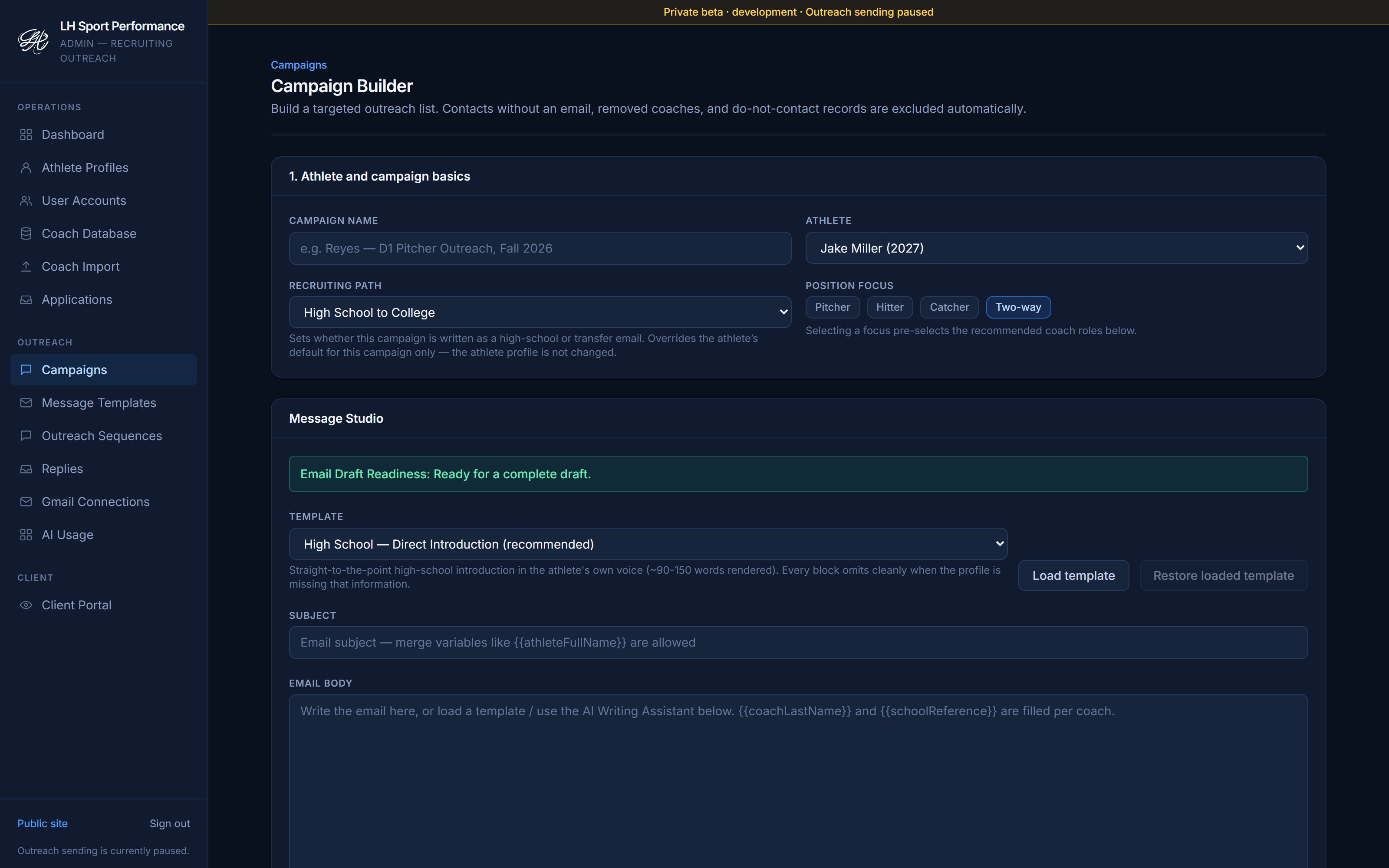 Email Writing Studio with an editable recruiting email, template selection, and AI assist actions