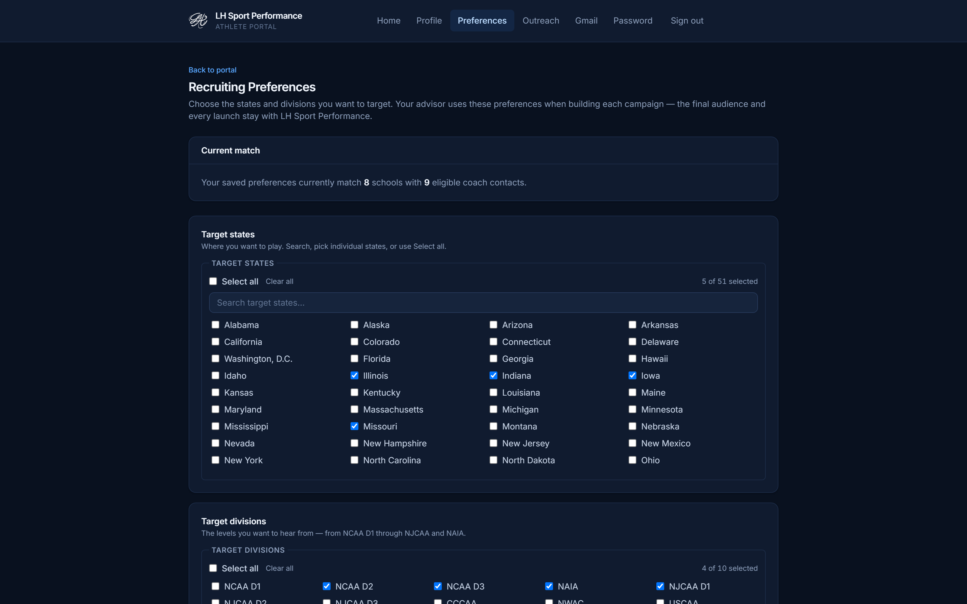Recruiting preferences screen with division and state targeting