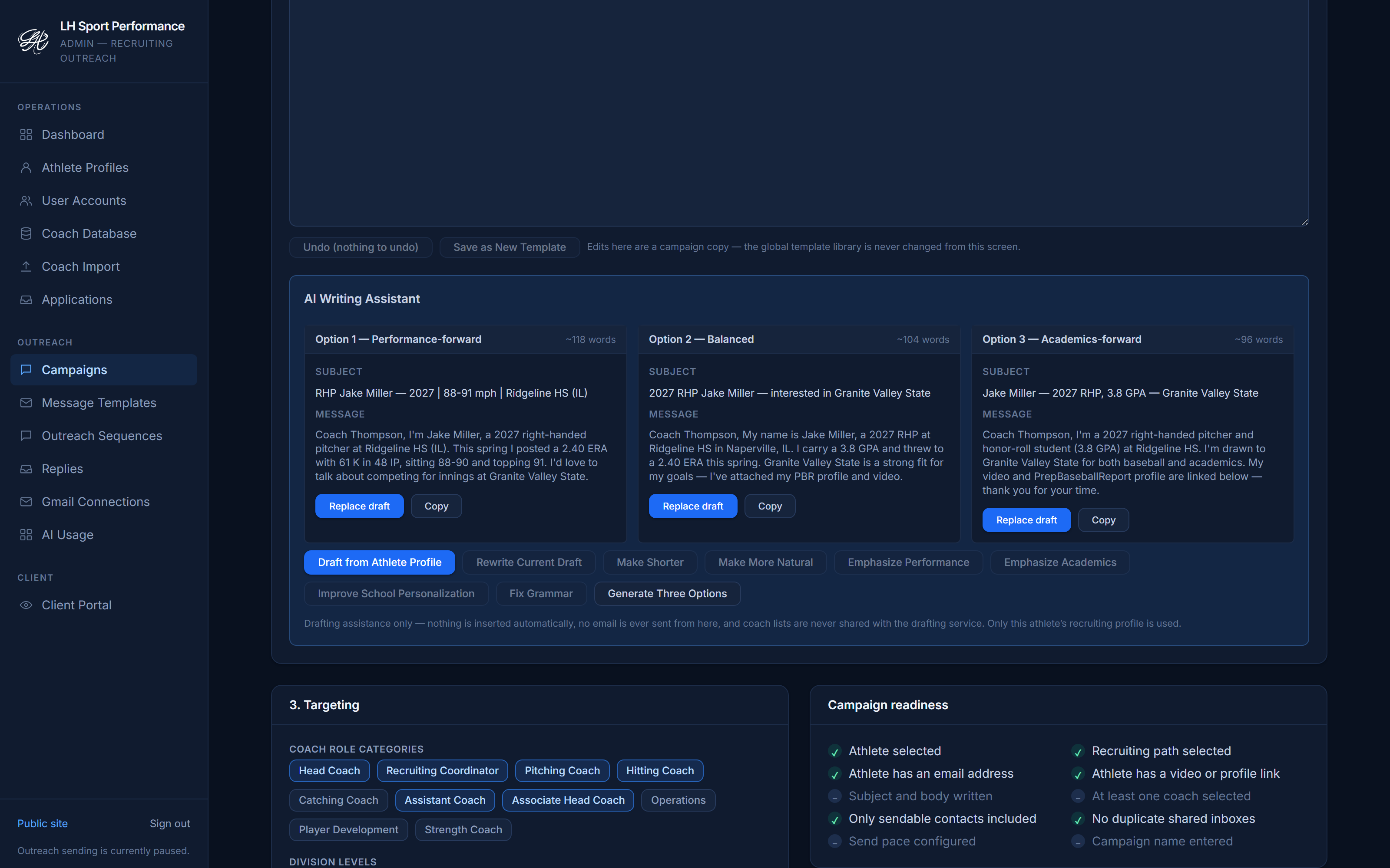 Three AI-generated email drafts presented side by side for the athlete to choose from